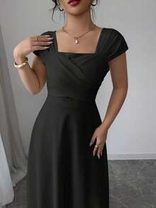 Vestido elegante de manga raglán y cuello cuadrado con detalle cruzado en el busto, de unicolor para mujeres - Negro - Ver 6