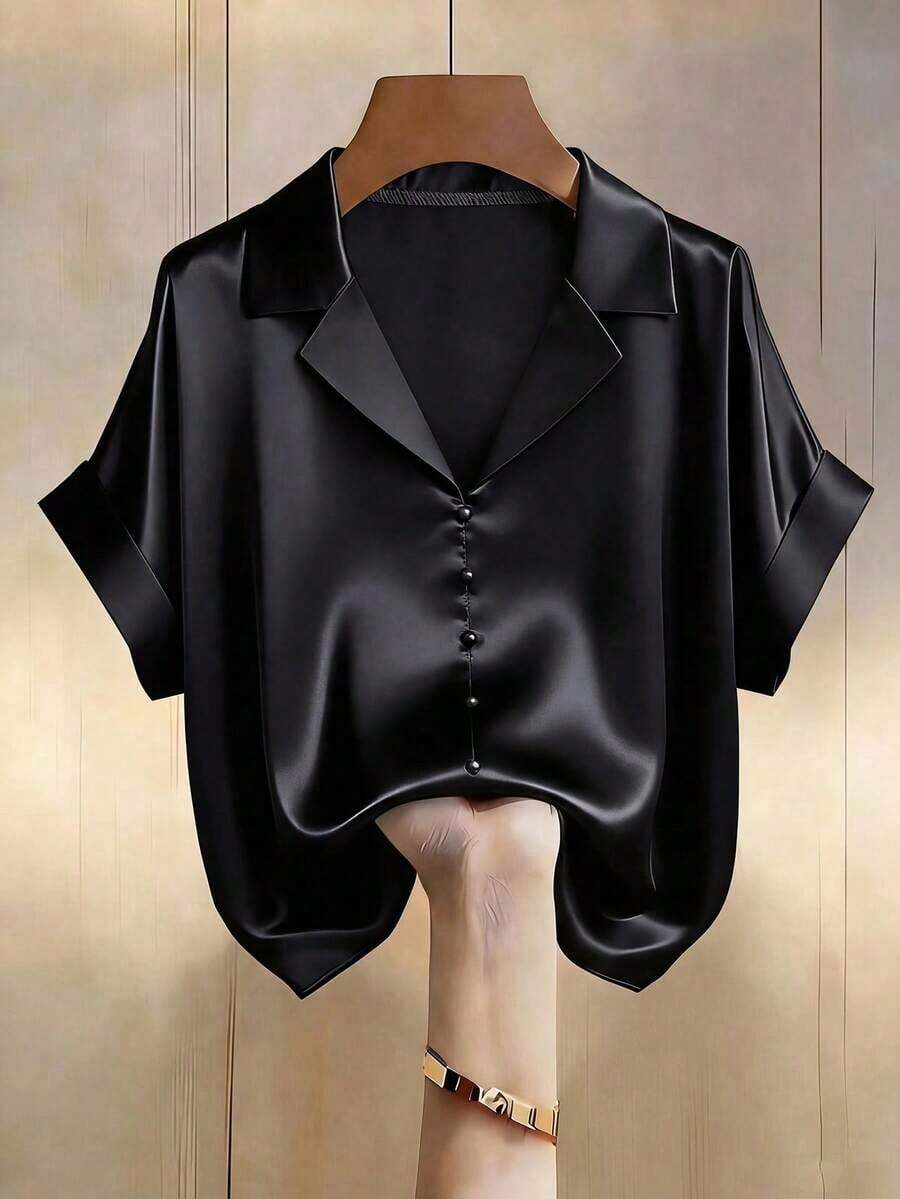 Blusa de satén color champán con escote en V y diseño de botones de perla, de manga corta, elegante para primavera/verano - Negro - Ver 1