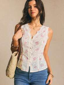 Camiseta sin espalda con escote en V, encaje y parches con estampado floral pequeño, estilo casual de verano y vacaciones - Blanco - Ver 8