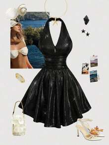 Vestido de fiesta elegante de mujer con estampado de cerezas, escote halter, espalda descubierta y cintura fruncida - Negro - Ver 2