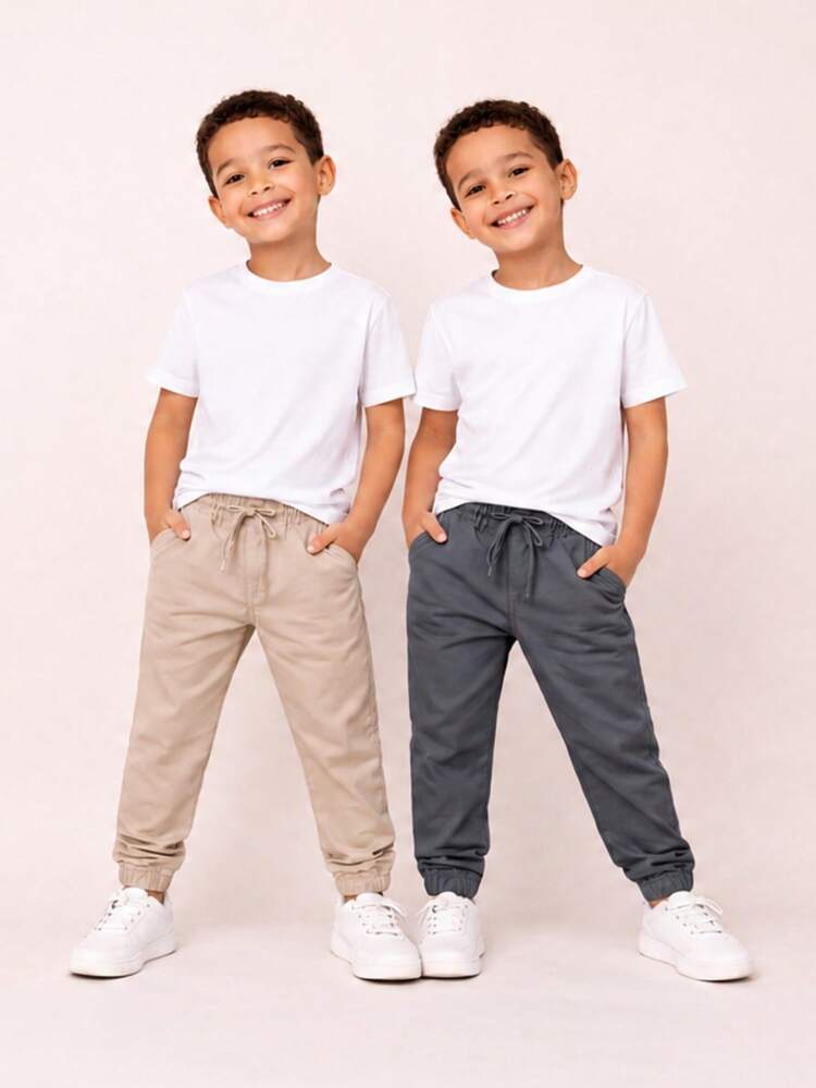 Boys' High-Quality Slim Fit Twill Pants - 米色 + 鉛 - 查看 1