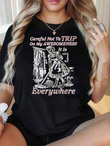 Camiseta de manga corta para mujer con cuello redondo y estampado divertido. "Cuidado de no tropezar con mi genialidad, está en todas partes". Camiseta vintage de ama de casa para mujer, camiseta gráfica casual, camiseta divertida. Ideal para el Día de San Valentín, Navidad, fiestas, actividades deportivas, vacaciones, salidas, deportes y otros regalos festivos (180g). Camisetas Gráficas Occidentales para Hombre, Ropa para Hombre, Camisetas Gráficas para Mujer, Ropa de Verano, Tops de Verano, Camisetas Gráficas 100% Algodón - Negro - Ver 6