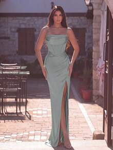 Elegant Pleated Spaghetti Strap Bridesmaid Dress, Thigh Slit Backless Design, Long Formal Slim Fit Gown, Suitable For Party Night And Special Occasions - Mint Green - View 4