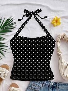 Parte superior corta ajustada con cuello de halter casual para vacaciones de mujer, verano de mujer, sin espalda, ropa de vacaciones de mujer, lunares, primavera de mujer, verano, parte superior para salir de mujer, vacaciones de mujer - Negro - Ver 4