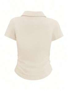 Camiseta de manga corta minimalista de unicolor para mujer, uso casual de todos los días - Caqui - Ver 2