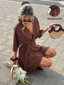 Vestido corto casual y de viaje con cuello en V y estampado de cuadros para mujer - Marrón 2 - Ver 9