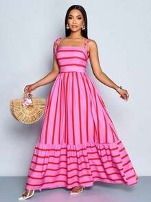 Vestido largo de estilo fluido y con rayas, con tirantes y detalles de recogido en el pecho, adecuado para vacaciones, playa, viajes y uso casual, elegante vestido (Floral aleatorio) - Rosa - Ver 5