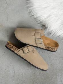 Wide Fit Women Casual Solid Color Suede Slip-On Mule Slippers - Apricot 2 - View 6