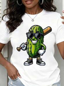 Camiseta de mujer de cuello redondo con estampado de cactus con gafas de sol y bate de béisbol, de manga corta, uso casual de verano - Blanco - Ver 2