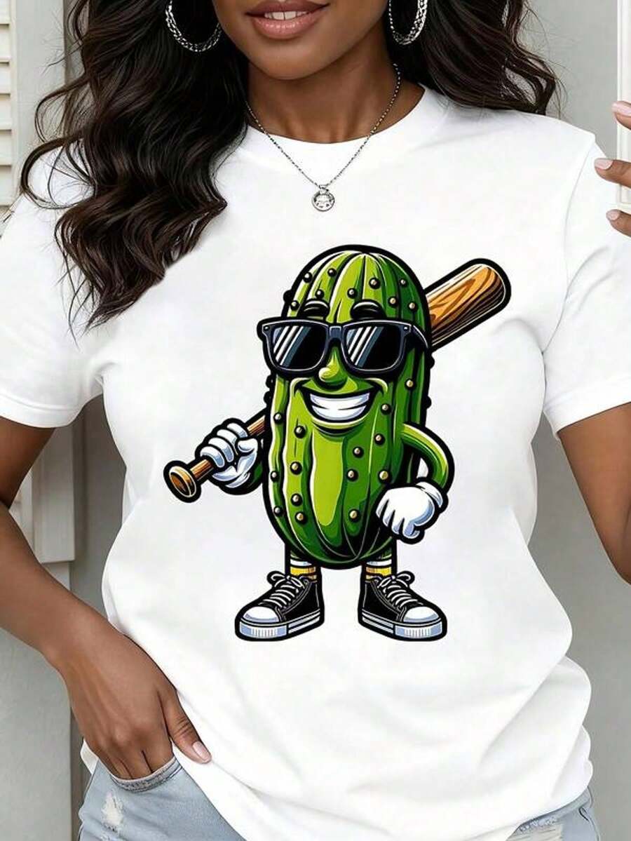 Camiseta de mujer de cuello redondo con estampado de cactus con gafas de sol y bate de béisbol, de manga corta, uso casual de verano