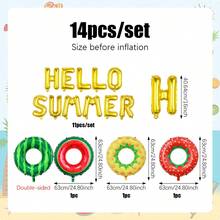 14件套夏季派对气球套装，包含金色“HELLO SUMMER”气球、西瓜、菠萝、草莓泳圈气球，适用于生日派对、夏威夷主题派对、夏季泳池沙滩派对、热带夏威夷主题活动、夏季聚会、节日派对、室内拍摄场景。 - 多色 - 查看 2