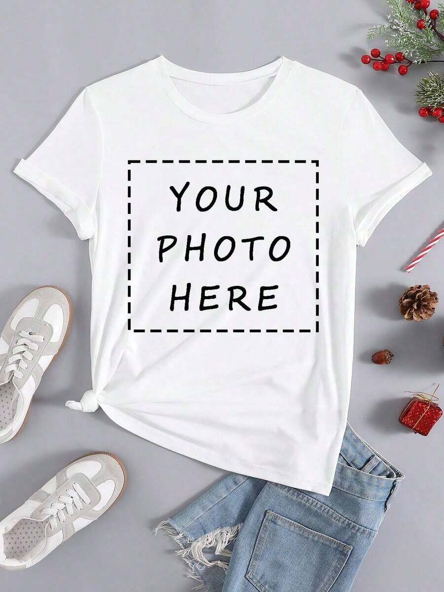 Soft 100% Cotton T-Shirt. Personalized T-Shirt - Add Your Own Text/Images (Badge, Company Logo, Family Photo, Selfie) To Design Your Own Custom Printed T-Shirt. Add Your Favorite Photos And Text (Girlfriend, Partner, Family, Selfie, Pet, Photos Of Friends) For A Personalized Printed T-Shirt, Suitable For (Anniversary, Wedding Promise, Engagement, Couple Formation), Suitable For Group Customization For Best Friends/Sisters, Suitable For Daily Wear/Wedding Party/Company Meeting/Family Reunion, Christmas Gift, Mother's Day, Father's Day, Autumn Chic Style, Utilitarian Chic Style, New Autumn Style For Women, Graphic Print, Casual Wear, Summer White T-Shirt, Eternal Love. Breathable Cotton T-Shirt, Goes With Everything. - 白色 - 查看 1