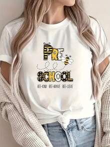 Stylish Everyday T-Shirt For Preschool Teachers, Round Neck Design, With "BEE Kind", "BEE Brave" And "Believe" Themes, A Cute Teacher Outfit, Preschool Team T-Shirt, T-Shirt That Conveys Kindness, Chic And Fashionable T-Shirt. - 白色 - 查看 1