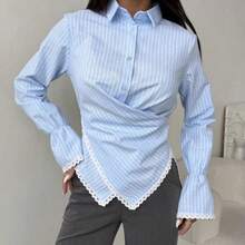 A Sophisticated Coffee, Apricot, Blue, Red, Pink Or White Striped Long-Sleeve Shirt With A Flattering Waist-Cinching Cut And A Unique Cross-Front Design – Elevating Casual Elegance For Evening Parties, Work-From-Home Lounging & Everyday Chic. Elitara Dresses Elitara - 杏色 - 查看 7