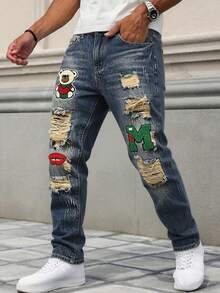 Quần jeans nam dáng rộng, màu xanh đậm, không co giãn, bền, kiểu vintage, ống thẳng, phong cách thường ngày. - Rửa tối - Xem 5