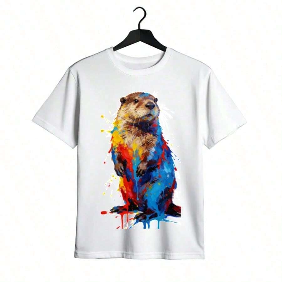 Tops para mujer Casual de Manga Corta para Mujer WXM% Algodón (Estampado de Mapache con Salpicaduras de Colores) - s Estampadas / Tops para Mujer - Blanca: Casual, Estilo Urbano y Lista para Fiestas - Adecuada para Uso Diario; Manga corta, cuello redondo, corte regular - El regalo perfecto para cumpleaños o días festivos - Blanco - Ver 1