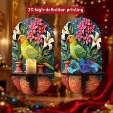 2pcs Wooden Wall Mounted Candle Holder Rack, Multi-Functional Wall Storage Display Shelf With Printed Green Parrot & Floral 2D Pattern, Decorative Key/Candle/Ornament/Incense Stone Organizer For Entryway, Bedroom, Living Room, Study - Multicolor - View 7