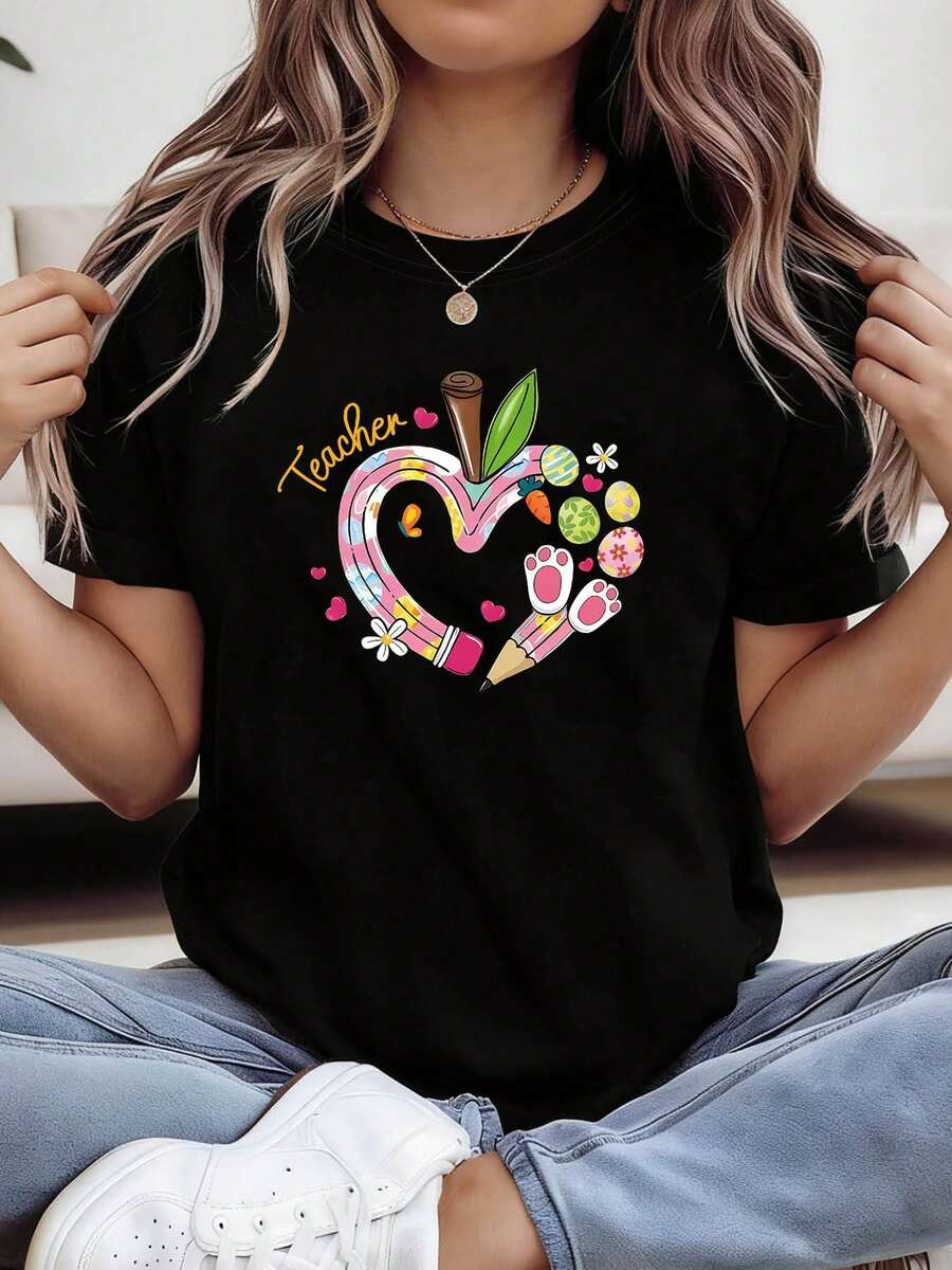 T-Shirt With Graphic Print Of Apple And Teacher's Heart, Short Sleeves And Round Neck, Casual Top For Summer And Spring, Women's Clothing - 黑色 - 查看 1