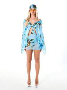 WOMEN Vestido mini de malla con estampado abstracto de acuarela, mangas de campana descubiertas del hombro, detalle de nudo delantero, para verano y playa - Azul - Ver 5