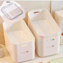 6pcs Plastic Storage Boxes, Suitable For Makeup Storage, Kitchen Storage, White Storage Boxes With Handles, Multi-Functional Makeup Storage Boxes, Under-Bed Storage Boxes, Bathroom Sink Storage Boxes, Bathroom And Bedroom Storage Boxes - White - View 6