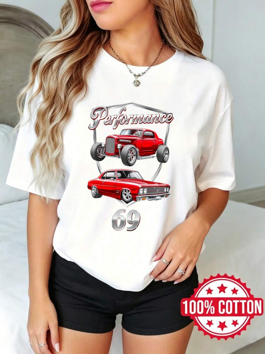 Camiseta de manga corta con cuello redondo y estampado para mujer, verano, casual Coche de Rendimiento 69 Diseño S-3XL 100% aodón material transpirable