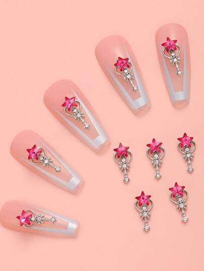 10 piezas Varita mágica con forma de estrella de cinco puntas hueca de color fucsia, decoración de metal DIY, productos de arte de uñas, accesorios de arte de uñas, suministros de arte de uñas, joyas de arte de uñas, gemas de arte de uñas