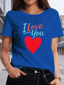 Classic Short-Sleeved T-Shirt For Women With An 'I Love You' Print, Perfect For Spring And Summer. It's An Ideal Choice For Lounging At Home, Vacations, Or Casual Wear On Campus. A Bestseller. - 藍色 - 查看 1