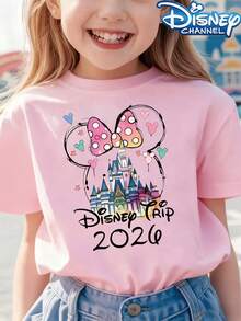 Disney Girl Short Sleeved T-Shirt With Cute Disney Theme, Minnie Mouse Ear Castle And Heart-Shaped Summer Travel Design, Perfect Gift For Disney Fans - Pink - View 1