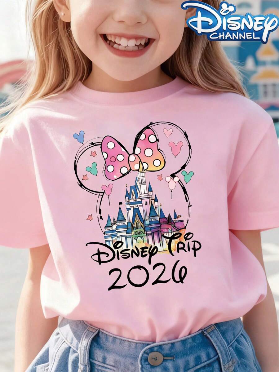 Disney Girl Short Sleeved T-Shirt With Cute Disney Theme, Minnie Mouse Ear Castle And Heart-Shaped Summer Travel Design, Perfect Gift For Disney Fans - Pink - View 1