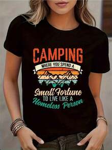 Camiseta gráfica de camping para mujer - Camiseta casual de manga corta con cuello redondo y estampado "CAMPING WHERE YOU SPEND A. . . " (Acampa donde pasas tiempo), diseño inspirado en la naturaleza, perfecta para uso diario, camiseta de camping 100% algodón. - Negro - Ver 1