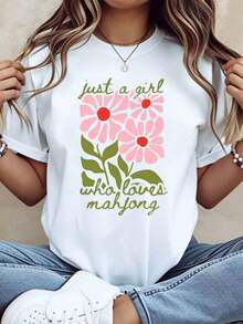 ropa de mujer Camiseta Casual con Diseño Floral 'Just A Girl Who Loves Mahjong' para Mujer, Atuendo de Verano, camisas de mujer - Blanco - Ver 6