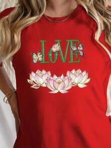 Round Neck T-Shirt With Floral And Butterfly Print, Premium Regular Fit, Casual Short Sleeve Top For Spring And Summer, Everyday Casual Outfit For Women, . - 紅色 - 查看 8