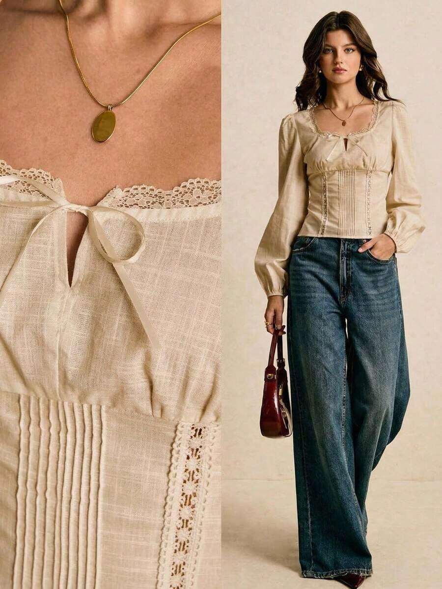 Blusa de manga larga con cuello cuadrado, decoración de lazo y encaje de contraste para mujer - Caqui - Ver 1