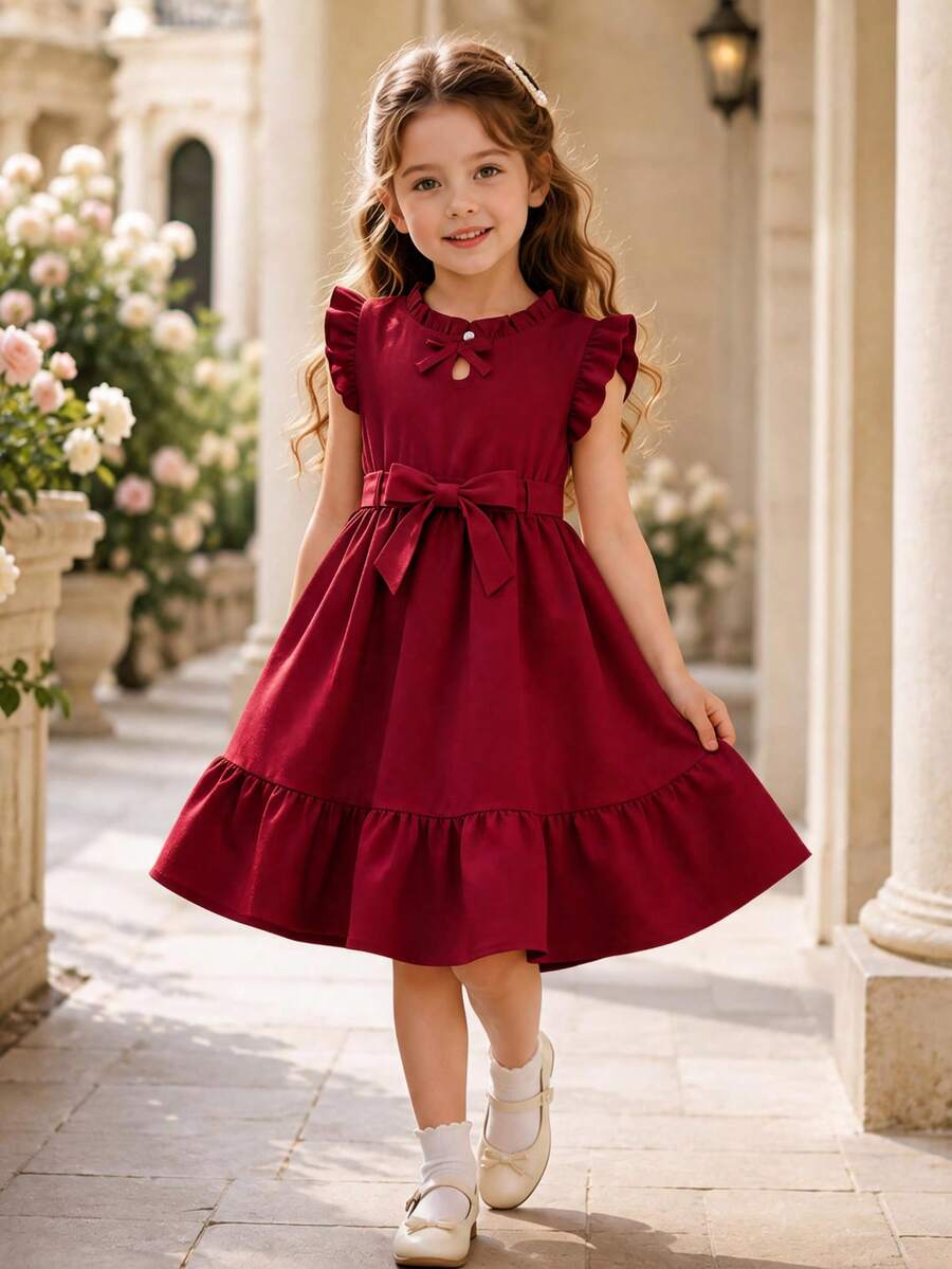 Girls' Burgundy French Style Mini Dress, Ruffle Stand Collar Front Tie, Cap Sleeve Waist Bow, Ruffle Hem A-Line Skirt - Burgundy - View 1