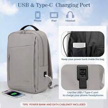 Laptop Travel Backpack With USB Charging Port, Water-Resistant Daypack For Work, University, Business Trips And Carry On Travel-Grey - Light Grey - View 5