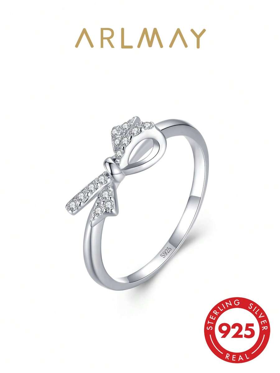 1pc 925 Sterling Silver Cubic Zirconia Bowknot Ring, Exquisite Design, Elegant Jewelry Gift For Women - Silver - View 1
