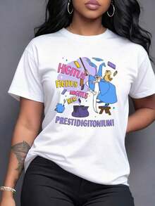 Palabras mágicas que evocan un hechizo divertido con un mago lanzando objetos al aire y colores vibrantes que transmiten energía positiva camiseta para mujer moderna y cómoda para uso diario,Camiseta de mujer elegante. - Blanco - Ver 7