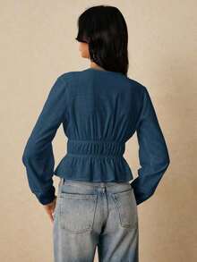 Blusa de manga larga con cuello en V profundo y lazo al frente, elegante para oficina, de unicolor - Agua verde azul - Ver 8