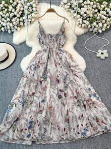 Women's Floral Midi Dress, Halter Neck With Bow And Ruffles, Romantic Style For Spring-Summer - Grey - View 5