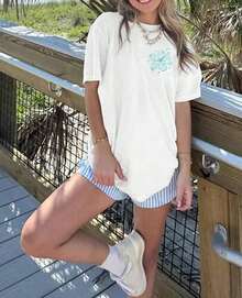Letter Print T-Shirts For Women, Oversized Graphic Tees For Women And Teens, Y2k Short Sleeve Floral Print Graphic Tees, Aesthetic Summer T-Shirts, Cute And Preppy Women's Clothing For Vacation, Days Off, Everyday Casual Fashion And Versatility. - 花白 - 查看 4