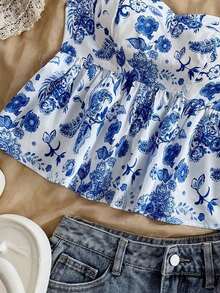 Blusa de corte de línea A con cuello cuadrado, manga corta y estampado retro azul y blanco, adecuada para fiestas, citas, el Día de San Valentín, el té de la tarde - Azul y blanco 2 - Ver 7