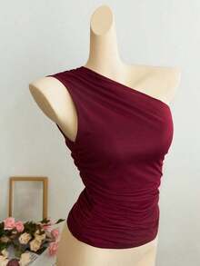 Blusa corta de un hombro con pliegues color albaricoque, minimalista, casual, elegante y versátil para uso diario de mujer, primavera/verano - Burdeos - Ver 3