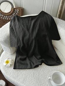 Blusa casual de manga corta con nudo delantero de unicolor para mujer de talla grande - Negro - Ver 2