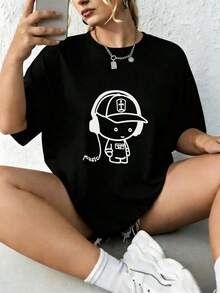 Women's Summer Fashion Short Sleeve T-Shirt Casual Outdoor Fashion T-Shirt 'Cartoon Characters' Relaxed Print Casual Shirt - 黑色 - 查看 2