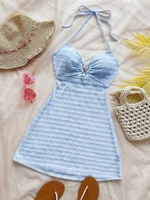 Vestido mini con textura, escote en V, decoración de estrella de mar metálica, cuello con lazo, espalda descubierta, ideal para vacaciones, citas, té de la tarde, días festivos, festivales de música, estilo bohemio - Celeste - Ver 5
