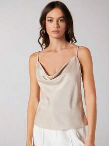 Top de satén sin mangas para mujer, elegante y romántica de unicolor, para uso casual y de negocios, adecuada para oficina, diario, otoño - Beis - Ver 6