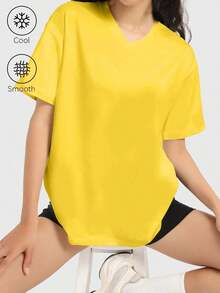 Camiseta holgada para mujer de manga corta y cuello redondo, camisa casual estilo Y2K, básica para deportes de verano - Amarillo - Ver 5