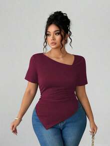 Camiseta de manga corta de cuello asimétrico para mujer talla grande, top ajustado versátil y elegante de alta gama, adecuado para primavera/verano - Burdeos - Ver 5