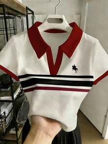 Camiseta de mujer casual y versátil con cuello polo y mangas cortas en bloques de color, regalo para ella / regalo de vacaciones - Multicolor - Ver 1