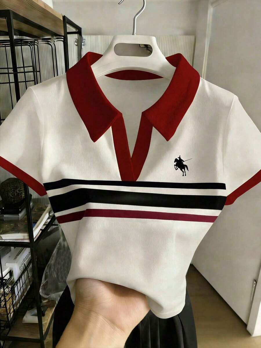 Camiseta de mujer casual y versátil con cuello polo y mangas cortas en bloques de color, regalo para ella / regalo de vacaciones - Multicolor - Ver 1